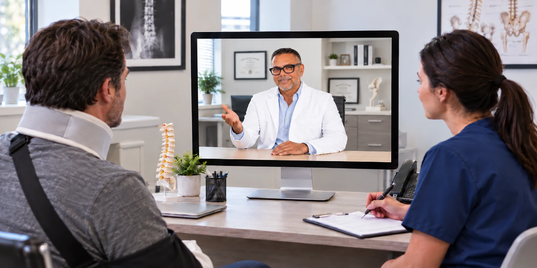Dr. Falcon on a video consultation with a patient and assisting clinic staff